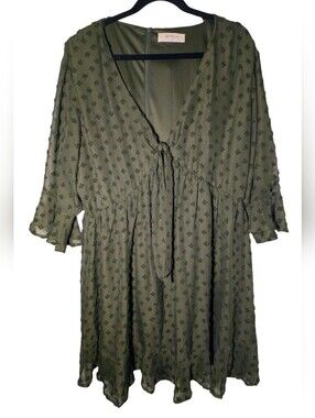 A Beautiful Soul Olive Green Swiss Dot Tie Front Dress Size B 18 20 2X EUC